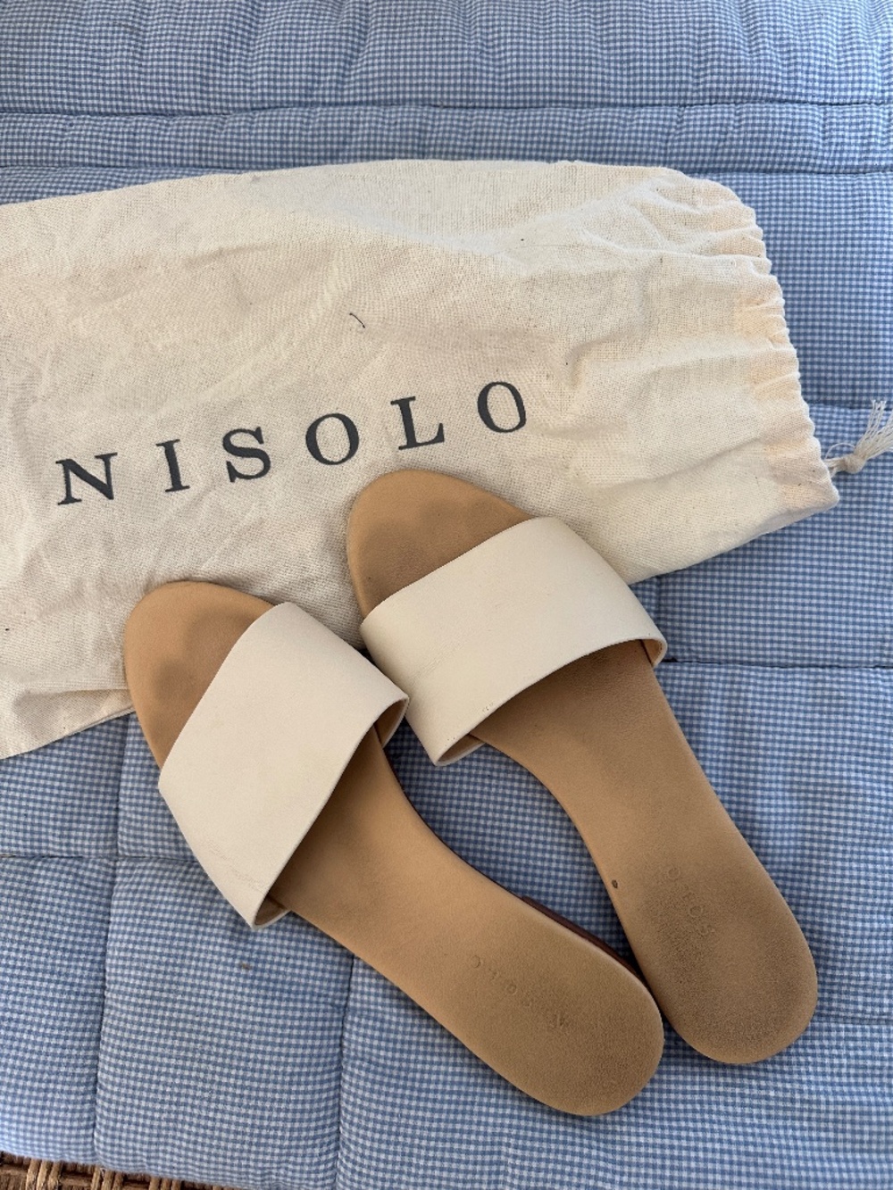 Nisolo Cream Leather Cross Strap Flat Slide Sandals With Dust Bag - Size 8.5